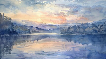 Peaceful watercolor panorama of a calm sea at dawn, the sky in hues of pink and lavender, creating a soothing ambiance