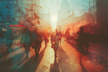 Surreal Urban Sunset Scene with Silhouetted People in Motion