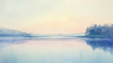 Fototapeta premium Peaceful watercolor panorama of a calm sea at dawn, the sky in hues of pink and lavender, creating a soothing ambiance