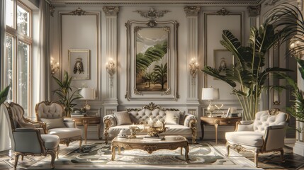 Luxury Living Room Timeless Elegance: A 3D illustration showcasing the timeless elegance of a luxury living room