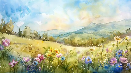 Peaceful watercolor scene of a rolling meadow with wildflowers, intended to soothe and uplift spirits with its vibrant colors - obrazy, fototapety, plakaty