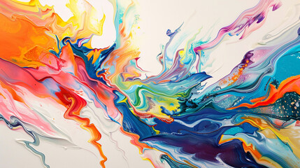 Intricate waves of vibrant color flow gracefully on a serene white surface.