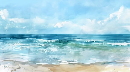 Fototapeta premium Peaceful watercolor seascape depicting a quiet beach with soft waves lapping at the sandy shore, creating a soothing atmosphere
