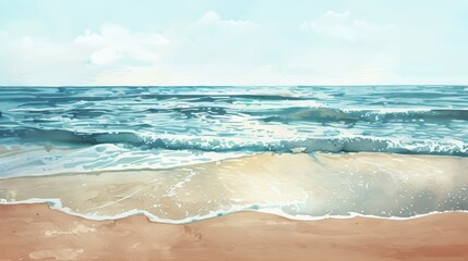Peaceful watercolor seascape depicting a quiet beach with soft waves lapping at the sandy shore, creating a soothing atmosphere