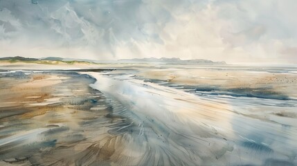 Reflective watercolor of a low tide revealing smooth sands, the scene bathed in the soft light of early morning