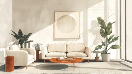 Minimalist Living Room Monochromatic Scheme: An illustration showcasing a minimalist living room