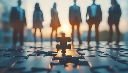 A team of executives standing on puzzle pieces fitting together, illustrating collaboration and achievement in business