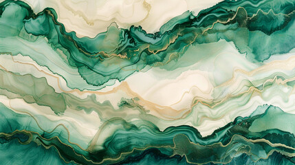 Luxurious Marble Texture in High Resolution Lush Forest Green and Cream Alcohol Ink Waves.