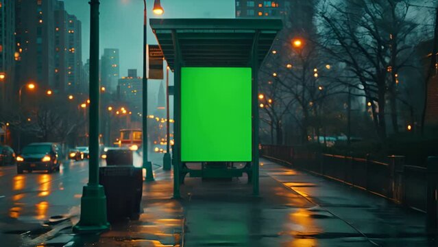 Bus stop in New York city with vertical digital OOH mockup with green screen.generative ai