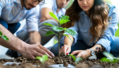 A group of entrepreneurs planting a tree in an urban setting, growth and sustainability in business