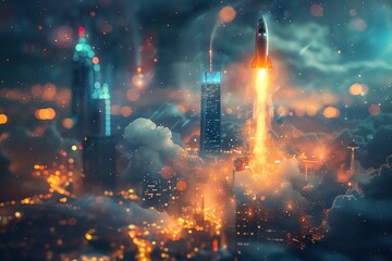 A dramatic representation of a man on a rocket, zooming above a litup city at night, showcasing a journey to success