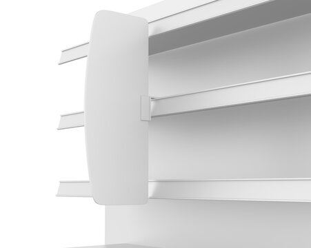 Supermarket Shelf Stopper Banner Blank Display for design presentation. 3d illustration.