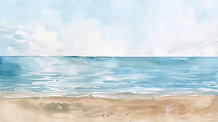 Serene watercolor of a sandy beach stretching into a calm sea, soft blues and tans creating a peaceful atmosphere