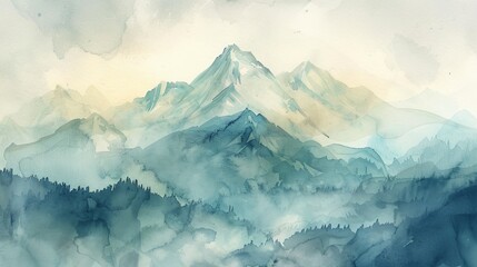 Serene watercolor vista of a high mountain peak with mist rolling in, the subtle hues promoting a soothing atmosphere
