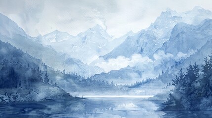 Panoramic watercolor of a misty mountain landscape, hues of blue and gray promoting tranquility and reflecting the clinic's peaceful ethos