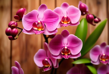 A close-up of pink orchid flowers on a wooden background with soft lighting and a bokeh effect