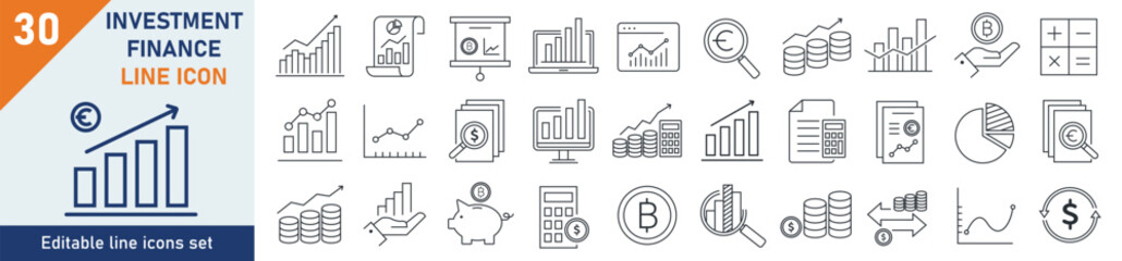 Investiment icons Pixel perfect. Investment business icon set. Set of 30 outline icons related to investment, solution, progress, success. Linear icon collection. Editable stroke. Vector illustration.