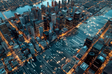 Aerial view of surreal night cityscape made by electronics circuit board with glowing light in concept technology, A.I., AI, digital.