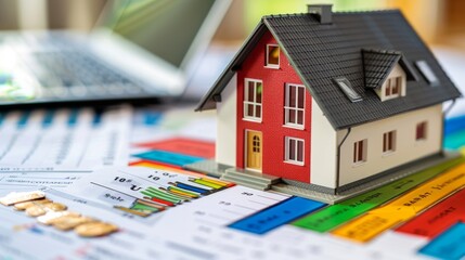 A small model house sits on a table next to a chart with grades A through G and different colored arrows - obrazy, fototapety, plakaty