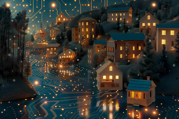 Aerial view of surreal night cityscape made by electronics circuit board with glowing light in concept technology, A.I., AI, digital.