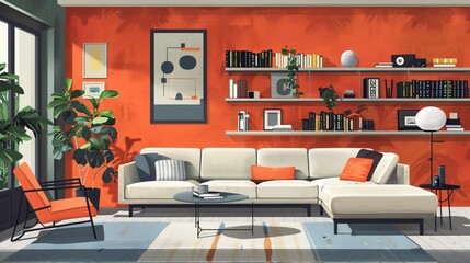 Modern Living Room Space: An illustration showcasing the use of space in a modern living room