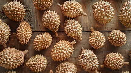 A close-up of durian seeds arranged in a pattern on a rustic wooden surface, highlighting their unique shape and texture, a creative composition celebrating the essence of this tropical fruit.