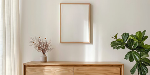  empty picture frame hanging on the wall in front of a modern wooden sideboard. black white frame mockup with plant on white wall with wooden sideboard