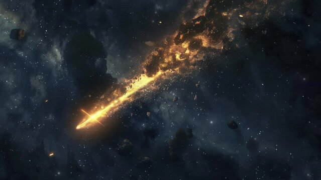 National Asteroid Day concept. Meteor falls in space. Meteors streak across the beautiful night sky. Meteor flying in space with trail of smoke and stars.