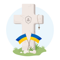 Grave stone cross with Ukrainian yellow-blue flags. Memorial Day. Veterans Military Cemetery. Vector illustration.