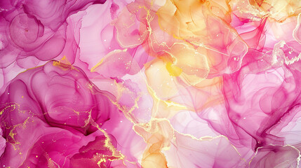 Luxurious Marble Look with Bright Magenta and Pale Yellow Alcohol Ink Design.