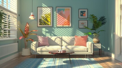 Small Living Room Interior: A 3D illustration portraying the interior of a small living room