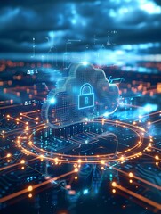 Cloud computing security is exemplified by a firewall graphic on a virtual cloud with tech interface elements