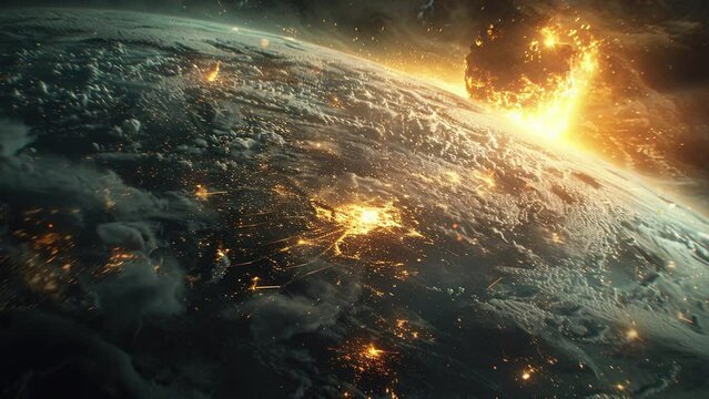 National Asteroid Day concept. Meteor falls in the space. Astroid impact. A very realistic view of a meteor hitting the earth very powerfully.