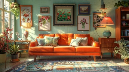 Vintage Living Room Retro Feel: A 3D illustration highlighting a vintage living room with a retro feel