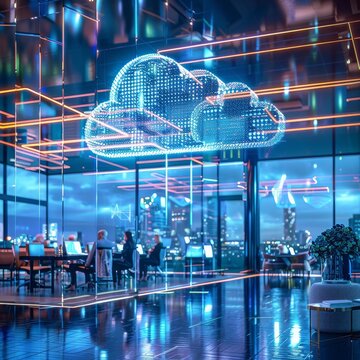 Cloud computing service center, customer service agents using cloud databases to assist global clients, modern office, day time