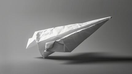 A crumpled paper airplane, about to take flight, against a solid gray background.