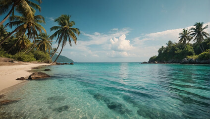 Fototapeta premium Tropical beach with palm trees and sea in summer.