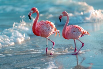pink flamingo on pink sandy beach and soft blue ocean wave summer concept background