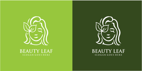beauty leaf logo design, leaf icon blends with female face silhouette with creative concept free Vector.