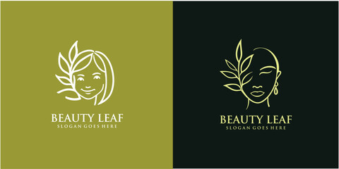 beauty leaf logo design, leaf icon blends with female face silhouette with creative concept free Vector.
