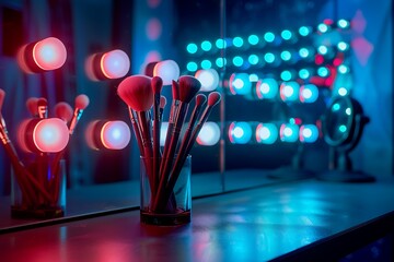 Background image of makeup brushes over vanity table with lights at backstage in theater, copy space