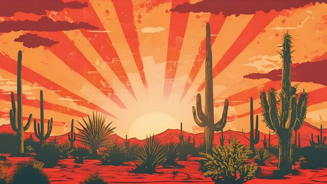 Screen printed style pushing over desert scrub and cactus in the New Mexico desert with sunset rays overhead