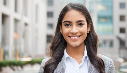 Obraz premium Close up of young smiling asian business woman standing on street in city