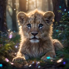 Amidst the ethereal glow of a moonlit clearing, a fantastical baby lion with iridescent scales...