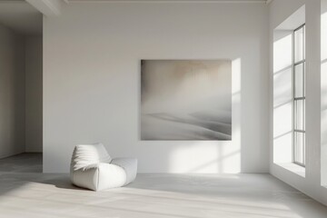 A contemporary art piece playing with light and shadow, adding depth and intrigue to a white interior space.