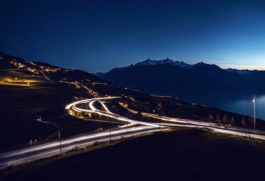 'night highway switzerland lavaux traffic expressway autobahn street auto route autoroute swiss twilight light long exposure fficult terrain lausanne montreux'