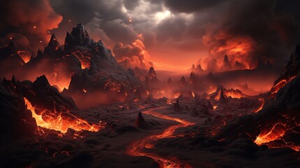 Dramatic 3D volcanic landscape with flowing lava and ash clouds designed for disaster simulations educational content or thrilling video game environments