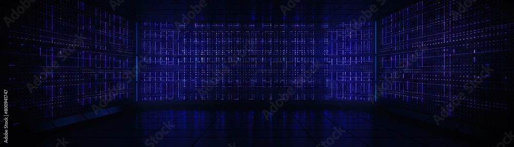 Poster neural network training session in a tech lab, detailed computer screens with a lot of room for text