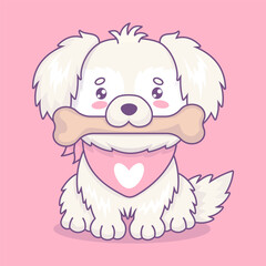 Cute white fluffy dog with big bone in his mouth. Funny cartoon kawaii character animal pet. Vector illustration. Kids collection.
