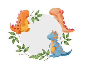 Cute Colorful Dinosaur Watercolor Wreath © Choirun Nisa